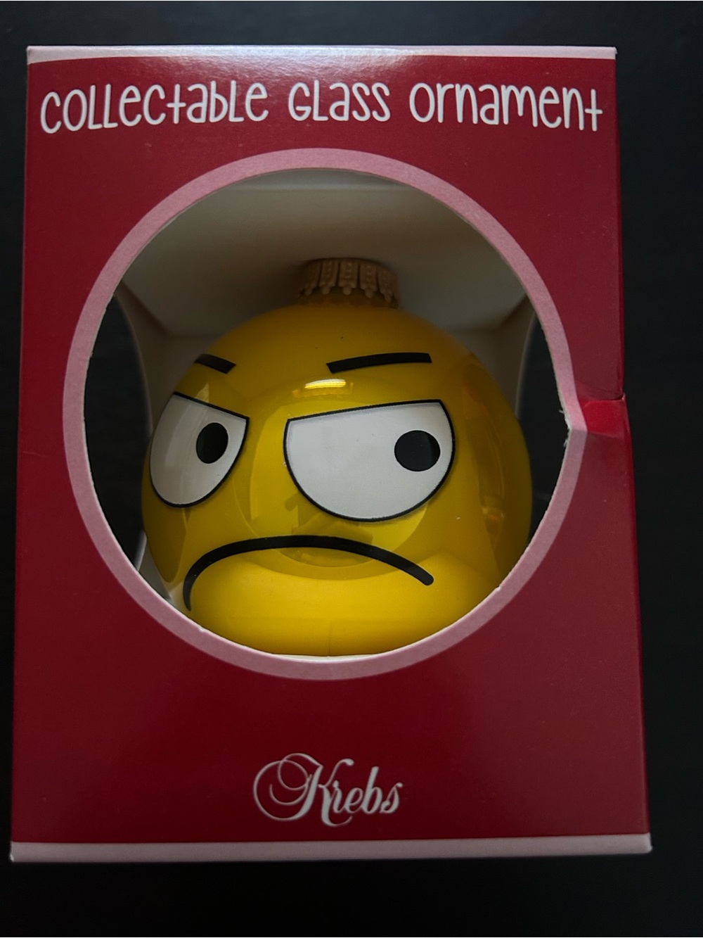 Christmas by Krebs Bah Humbug Yellow Face Glass Ornament 3.25” Original Box